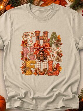 Thankful TShirt Graphic Tee Unisex Applique Style Thanksgiving Holiday Fall Bow